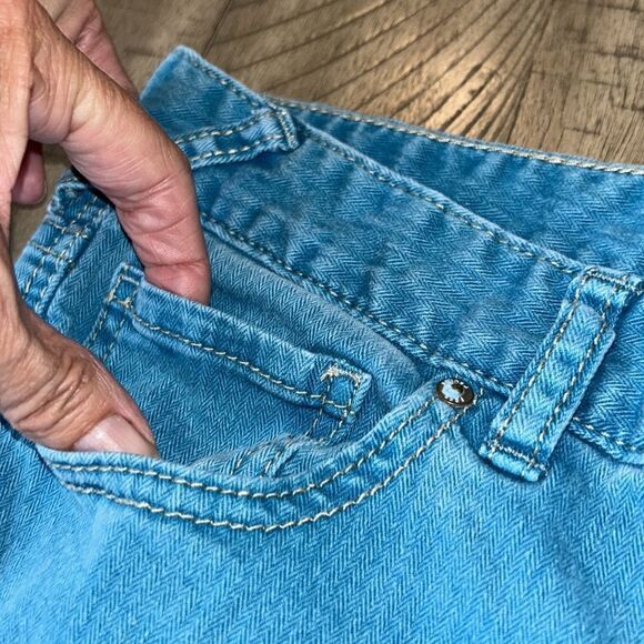🌞 Free 🇺🇸 People Lagoon Blue Cropped 5 Pocket Denim Jeans 👖 Pull Up Straps! - Picture 7 of 17